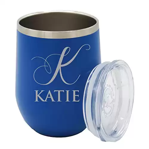 Custom Engraved Insulated Stemless Wine Tumbler Cup - Personalized Bridesmaid Beach Pool Girls Fun - Monogrammed (Deep Blue)