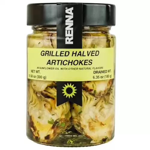 Renna, Grilled Roasted Halved Artichokes preserved in oil, 10.58 oz, Heart, Mediterranean flavor, Specialty Imported Food, Product of Italy