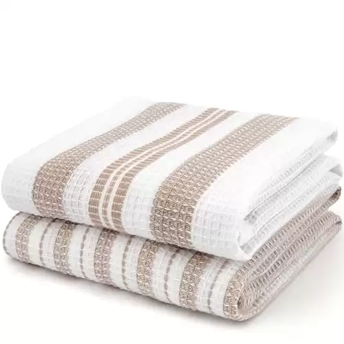 Waffle Kitchen Towels Set of 2, White and Tan Striped Waffle Weave Dish Towels for Kitchen, Absorbent Waffle Hand Towels, Oeko-Tex Cotton Tea Towels, 25 in x 15 in