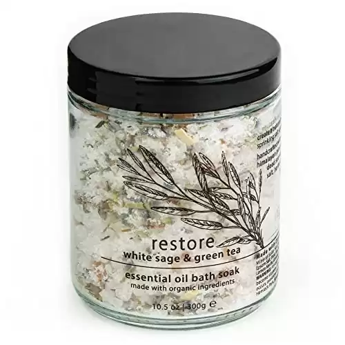 Hemlock Park Natural Essential Oil Bath Soak | Soothing Mineral Sea Salt and Botanicals (Restore | White Sage & Green Tea, 1 Jar)