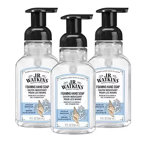 J.R. Watkins Foaming Hand Soap with Pump Dispenser, Moisturizing Foam Hand Wash, All Natural, Alcohol-Free, Cruelty-Free, USA Made, Ocean Breeze, 9 fl oz, 3 Pack