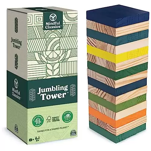 Spin Master Games Mindful Classics, Jumbling Tower Sustainable Wooden Blocks Tumbling Toppling Bamboo Wood Party Stacking Game, for Adults and Kids Ages 8 and up