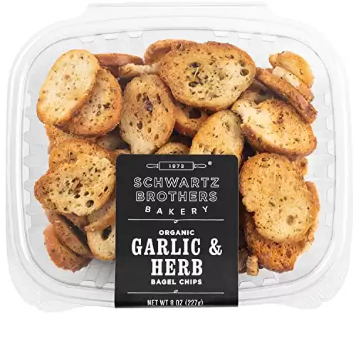 Garlic & Herb Bagel Chips NY Style Bagel Crisps. Organic, Vegan, Kosher. From the artisans of Schwartz Brothers Bakery. Baked Fresh. Twice Baked. 8 ounce container. Great Snack. Delicious. Pack of...