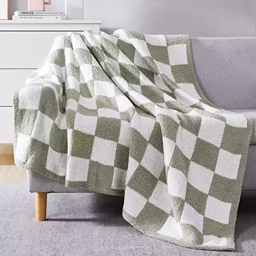 Checkered Throw Blanket, Sage Green Microfiber Soft Cozy