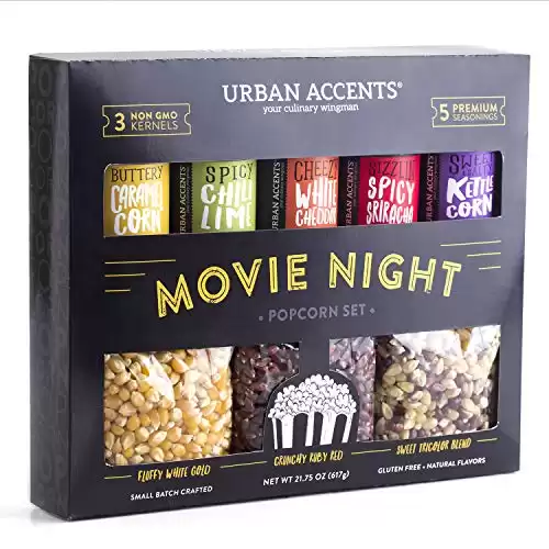 10. Urban Accents MOVIE NIGHT Popcorn Kernels and Popcorn Seasoning Variety Pack